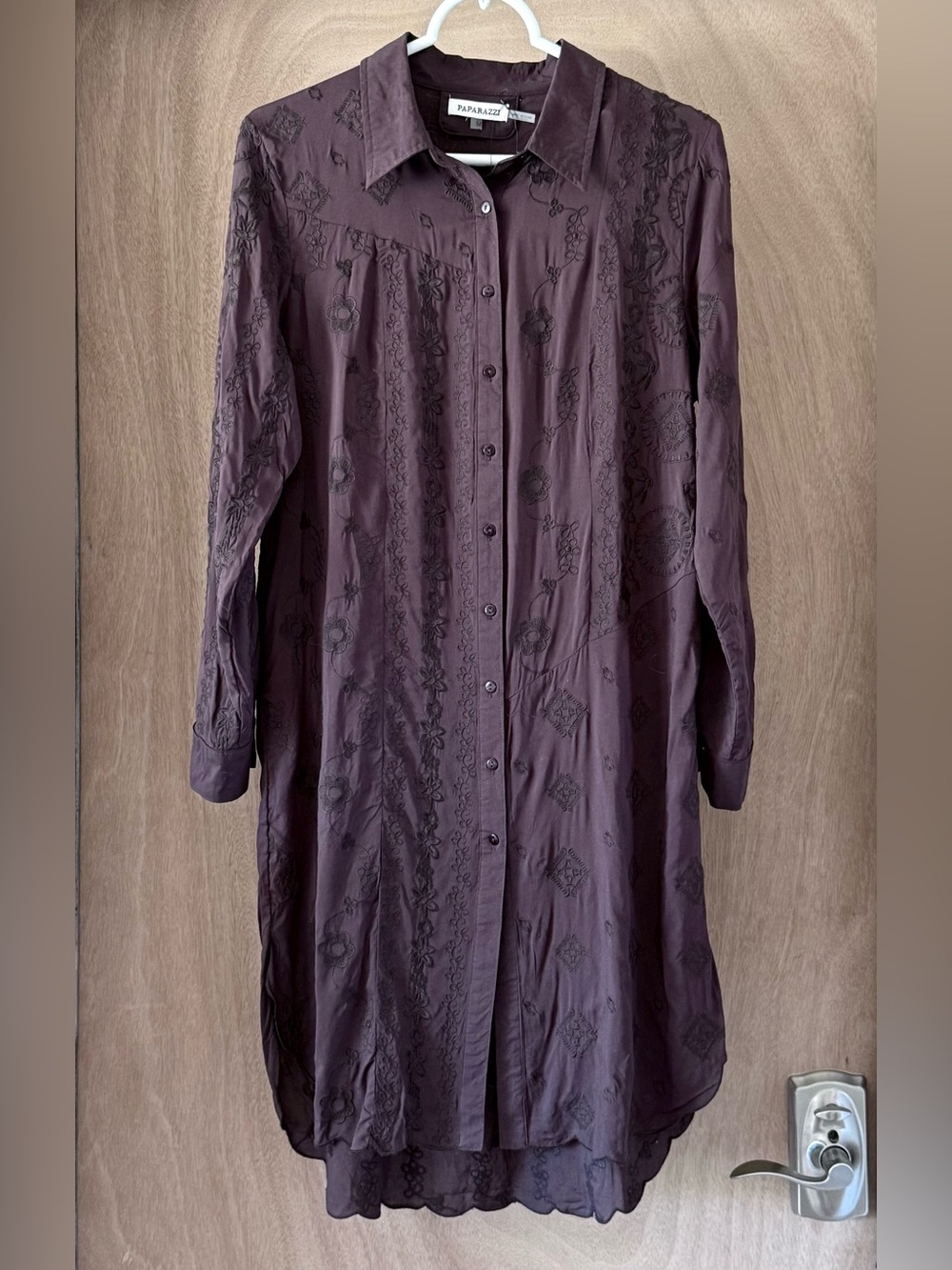Paparazzi Embroidered Tunic Dress Chocolate Brown Boho Shirt Dress Women's M NWT
